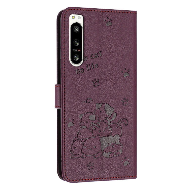 For Sony Xperia 5 IV Embossed Kitten Phone Leather Case with Lanyard