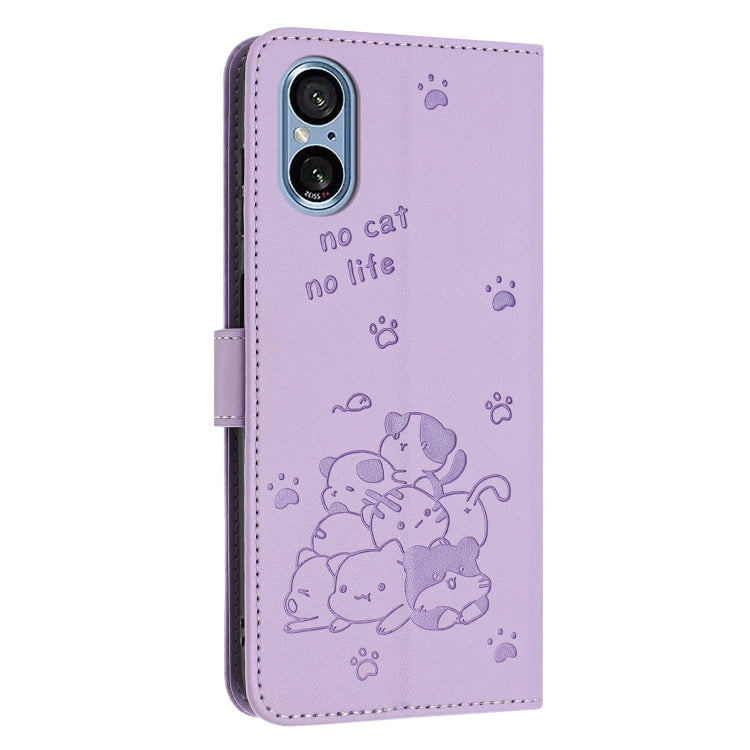 For Sony Xperia 5 V Embossed Kitten Phone Leather Case with Lanyard