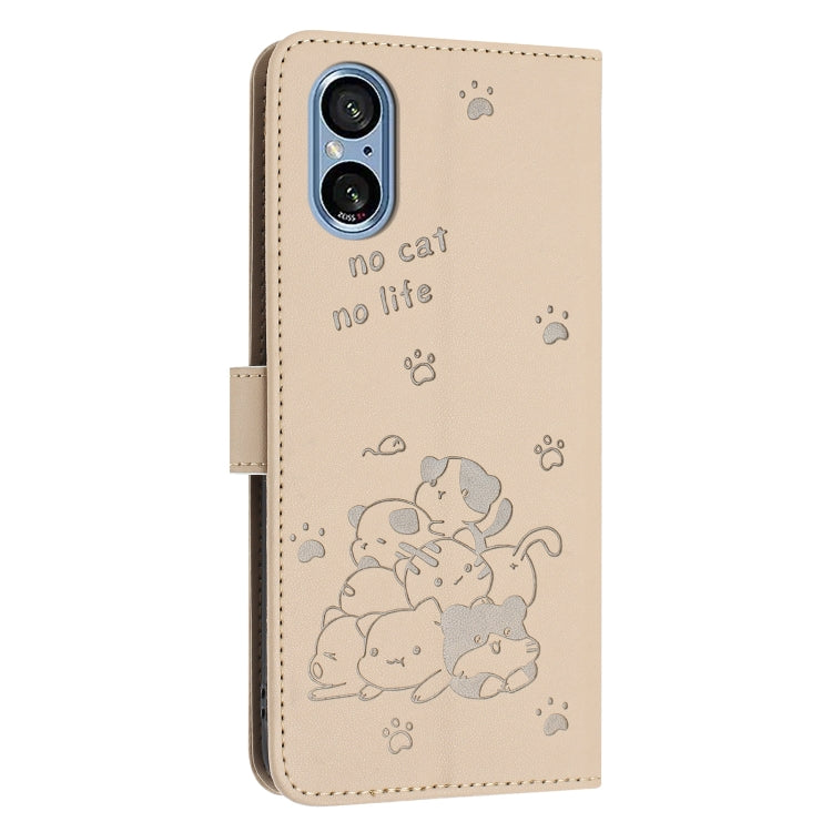 For Sony Xperia 5 V Embossed Kitten Phone Leather Case with Lanyard