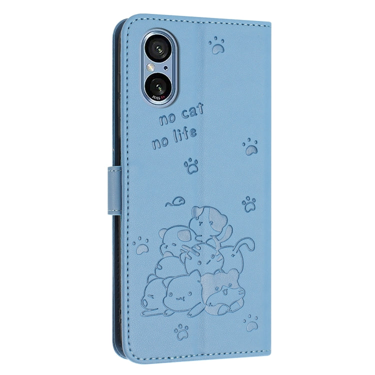 For Sony Xperia 5 V Embossed Kitten Phone Leather Case with Lanyard