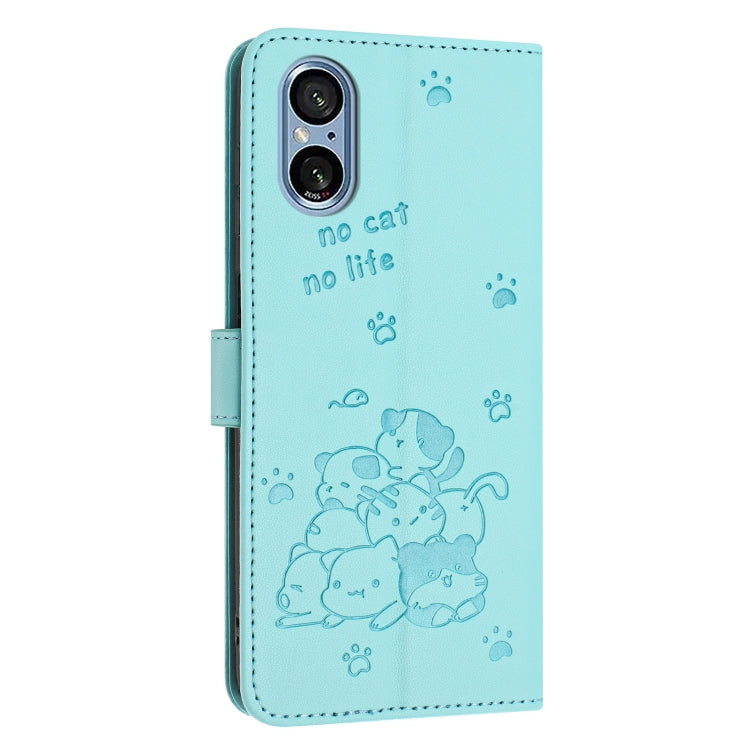For Sony Xperia 5 V Embossed Kitten Phone Leather Case with Lanyard