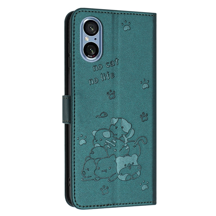 For Sony Xperia 5 V Embossed Kitten Phone Leather Case with Lanyard
