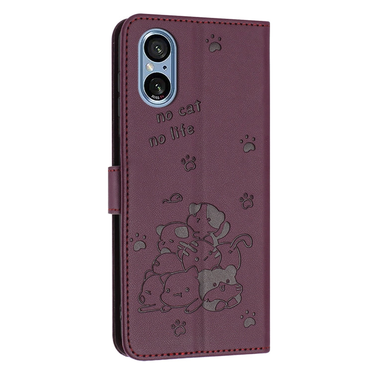 For Sony Xperia 5 V Embossed Kitten Phone Leather Case with Lanyard