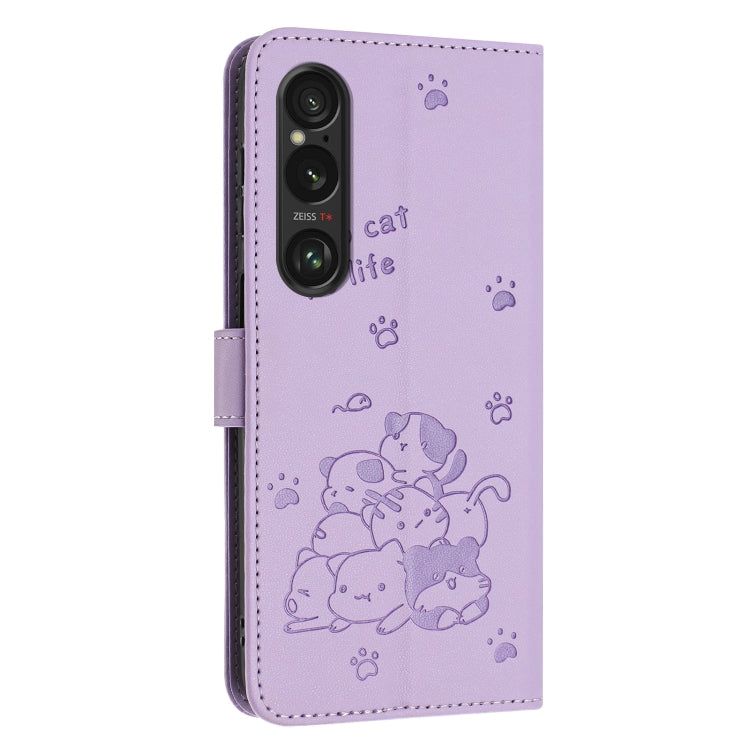 For Sony Xperia 1 VI Embossed Kitten Phone Leather Case with Lanyard