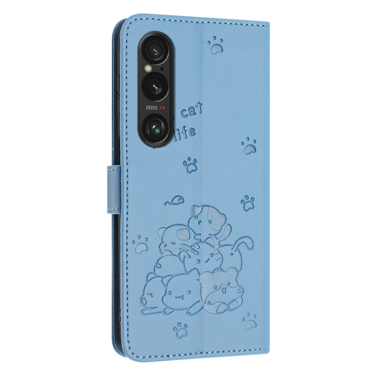 For Sony Xperia 1 VI Embossed Kitten Phone Leather Case with Lanyard