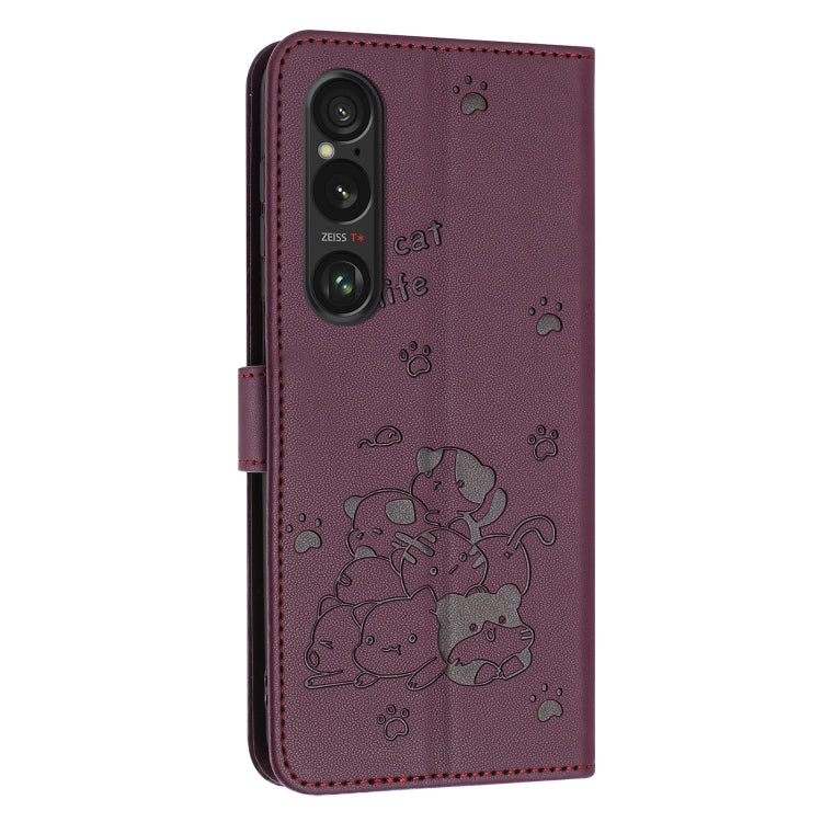 For Sony Xperia 1 VI Embossed Kitten Phone Leather Case with Lanyard