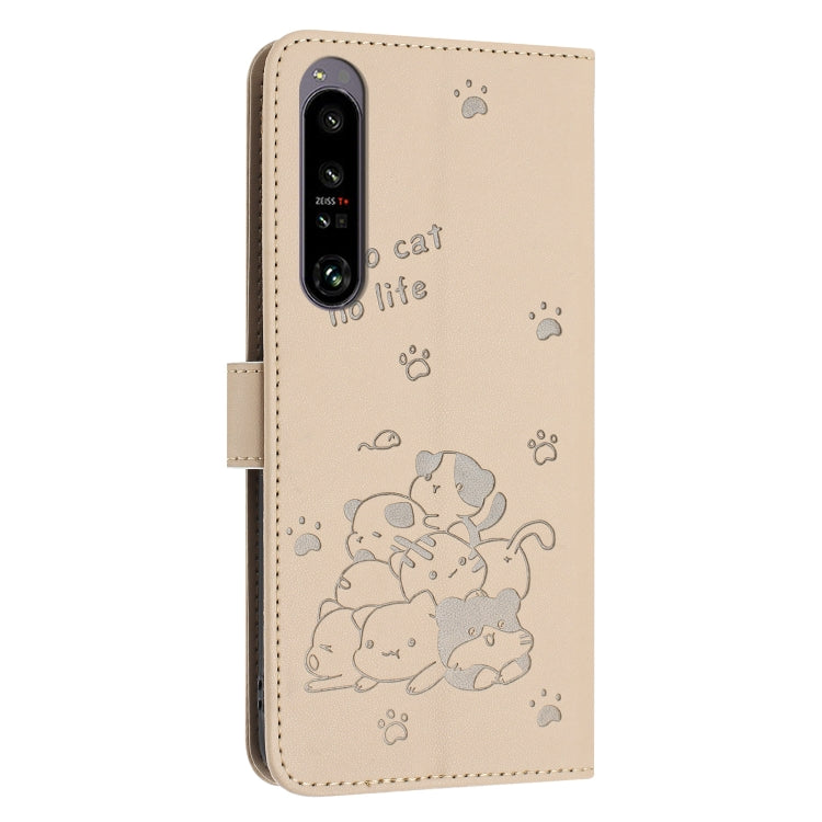 For Sony Xperia 1 IV Embossed Kitten Phone Leather Case with Lanyard