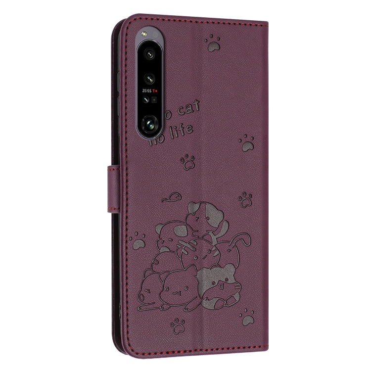 For Sony Xperia 1 IV Embossed Kitten Phone Leather Case with Lanyard