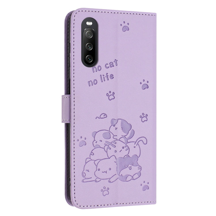 For Sony Xperia 10 IV Embossed Kitten Phone Leather Case with Lanyard