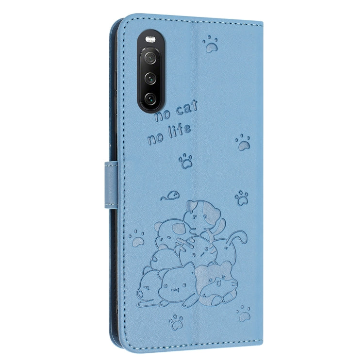 For Sony Xperia 10 IV Embossed Kitten Phone Leather Case with Lanyard
