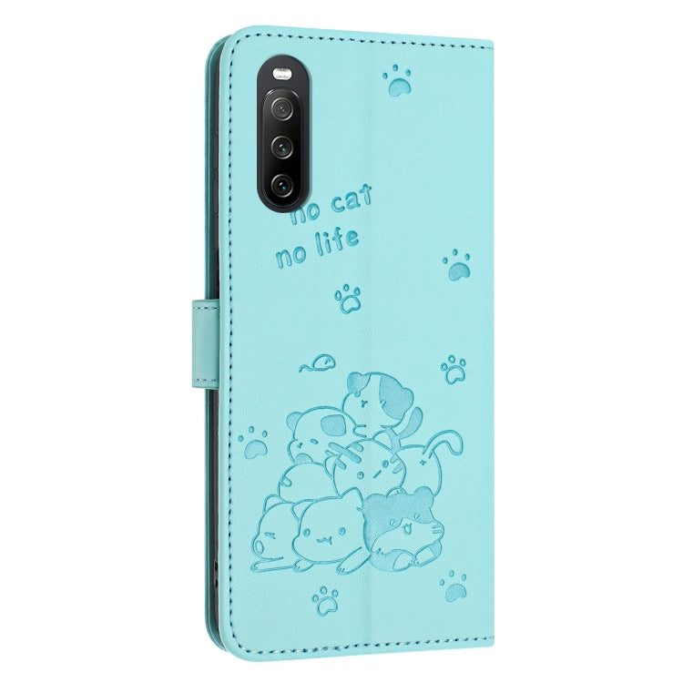 For Sony Xperia 10 IV Embossed Kitten Phone Leather Case with Lanyard