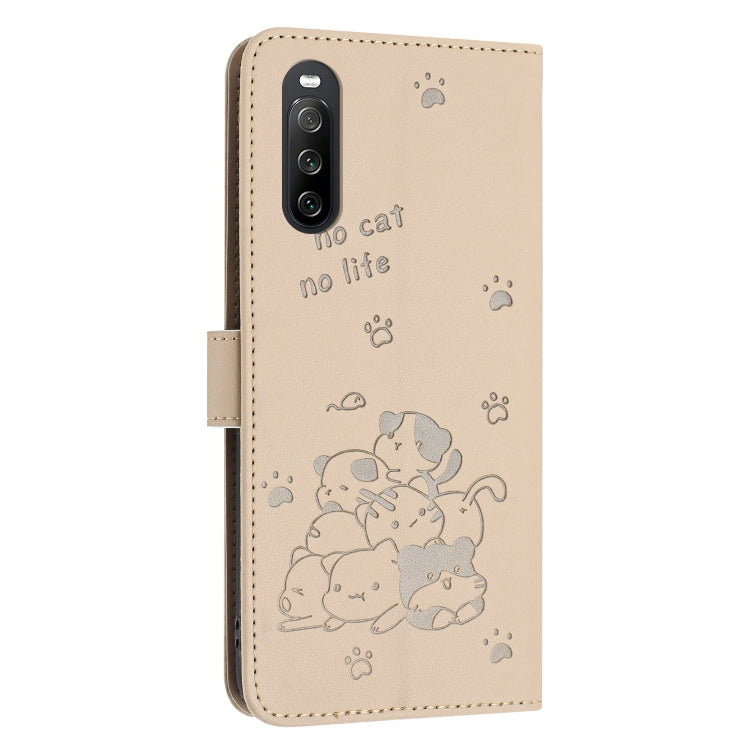 For Sony Xperia 10 V 2023 Embossed Kitten Phone Leather Case with Lanyard