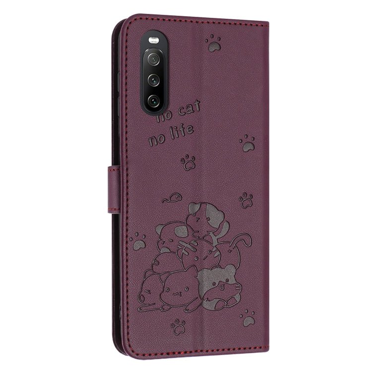 For Sony Xperia 10 V 2023 Embossed Kitten Phone Leather Case with Lanyard