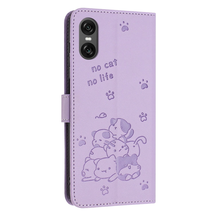 For Sony Xperia 10 VI Embossed Kitten Phone Leather Case with Lanyard