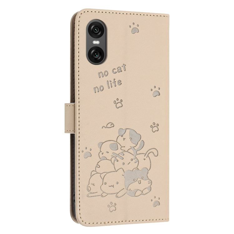For Sony Xperia 10 VI Embossed Kitten Phone Leather Case with Lanyard
