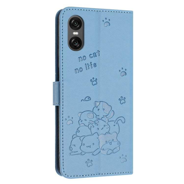 For Sony Xperia 10 VI Embossed Kitten Phone Leather Case with Lanyard