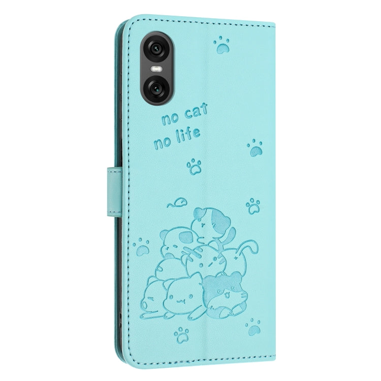 For Sony Xperia 10 VI Embossed Kitten Phone Leather Case with Lanyard