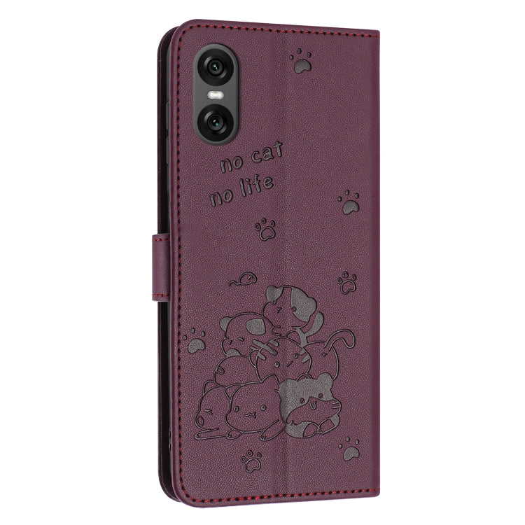 For Sony Xperia 10 VI Embossed Kitten Phone Leather Case with Lanyard