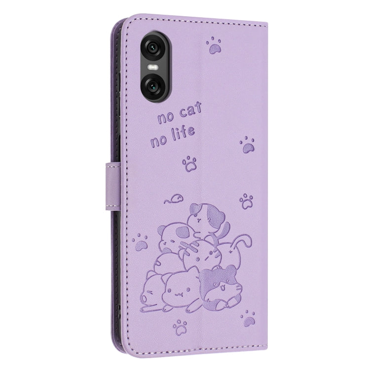 For Sony Xperia 5 VI Embossed Kitten Phone Leather Case with Lanyard