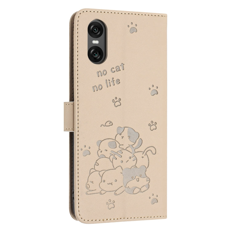 For Sony Xperia 5 VI Embossed Kitten Phone Leather Case with Lanyard