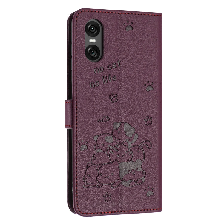 For Sony Xperia 5 VI Embossed Kitten Phone Leather Case with Lanyard