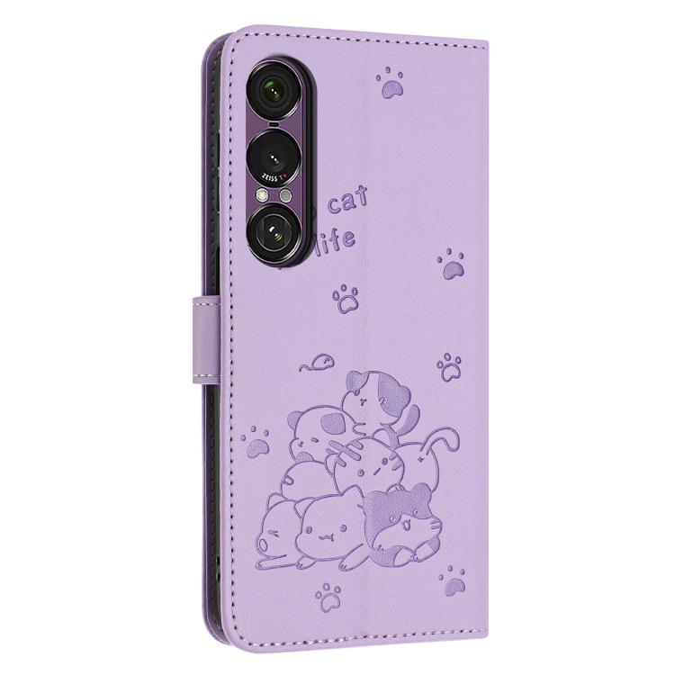 For Sony Xperia 1 VII Embossed Kitten Phone Leather Case with Lanyard