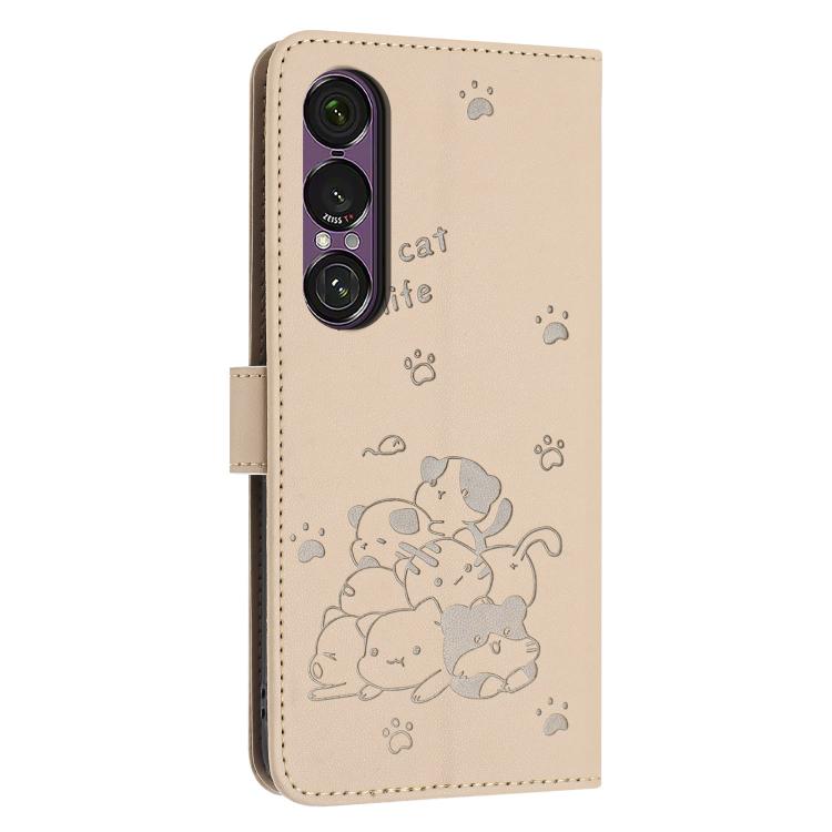 For Sony Xperia 1 VII Embossed Kitten Phone Leather Case with Lanyard