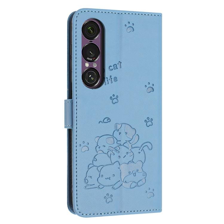 For Sony Xperia 1 VII Embossed Kitten Phone Leather Case with Lanyard