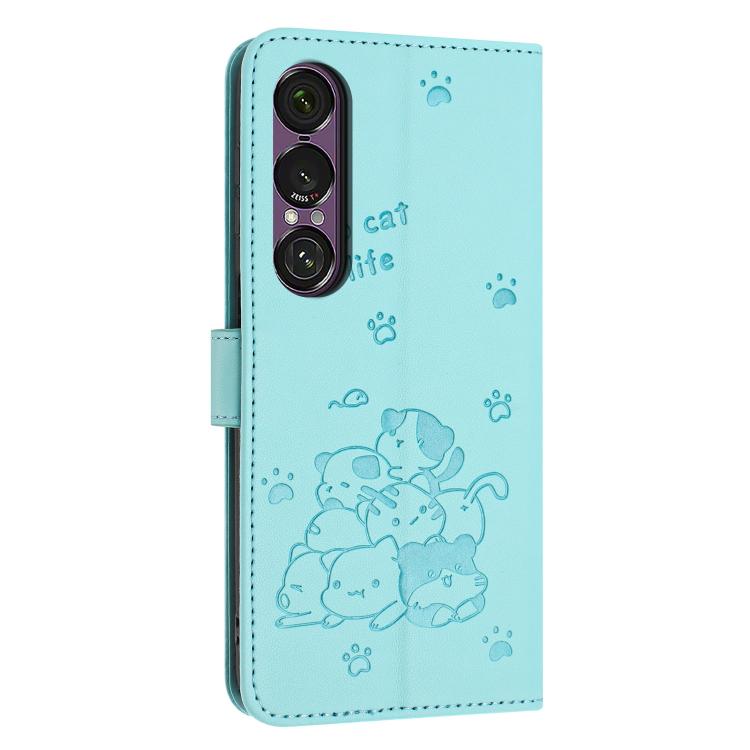 For Sony Xperia 1 VII Embossed Kitten Phone Leather Case with Lanyard