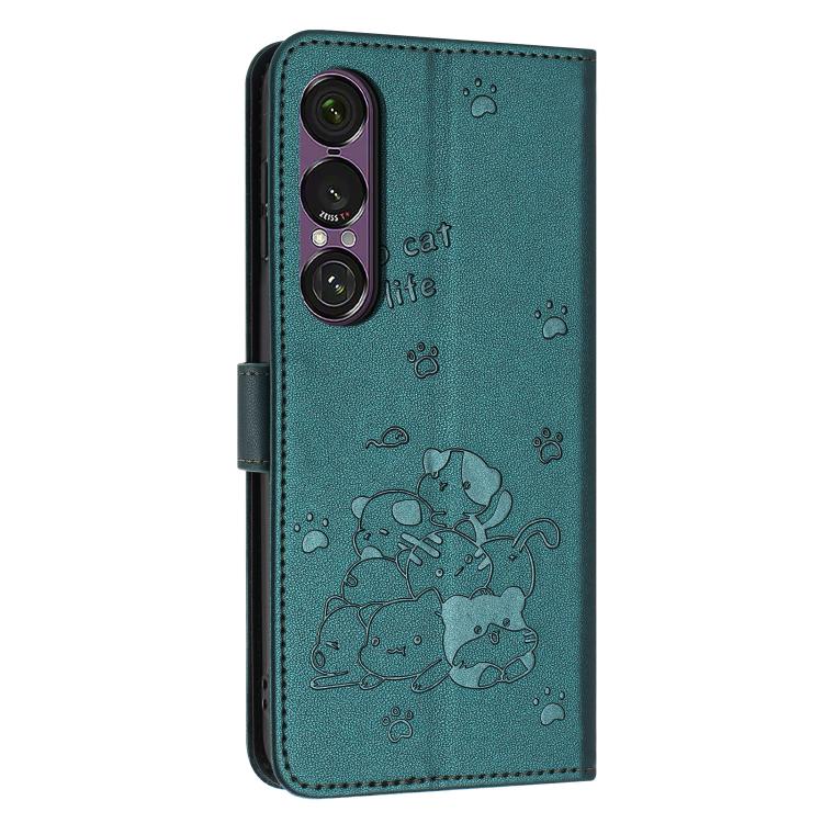 For Sony Xperia 1 VII Embossed Kitten Phone Leather Case with Lanyard