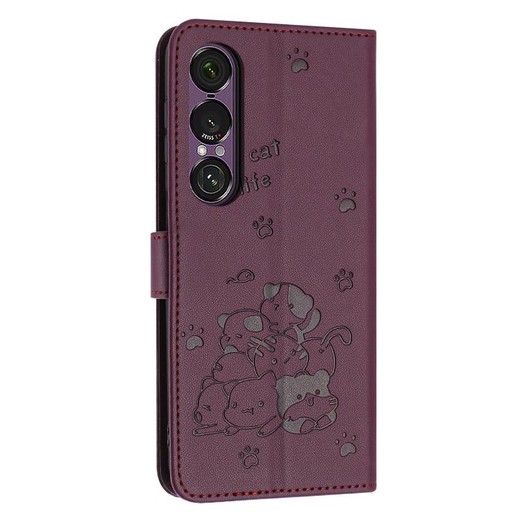 For Sony Xperia 1 VII Embossed Kitten Phone Leather Case with Lanyard