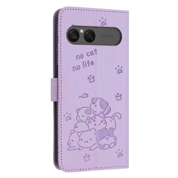 For Sony Xperia 10 VII Embossed Kitten Phone Leather Case with Lanyard