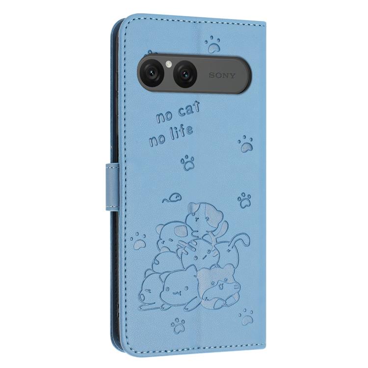 For Sony Xperia 10 VII Embossed Kitten Phone Leather Case with Lanyard