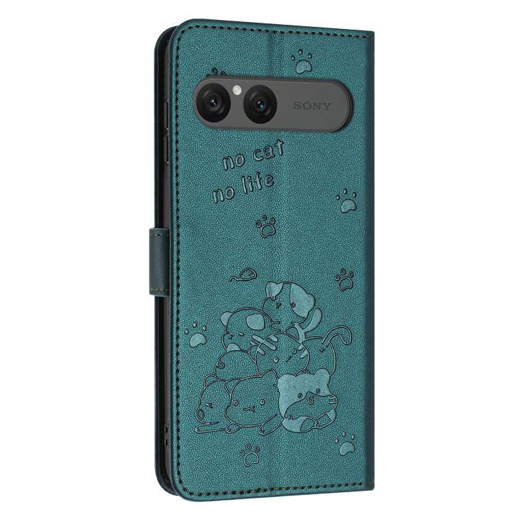 For Sony Xperia 10 VII Embossed Kitten Phone Leather Case with Lanyard