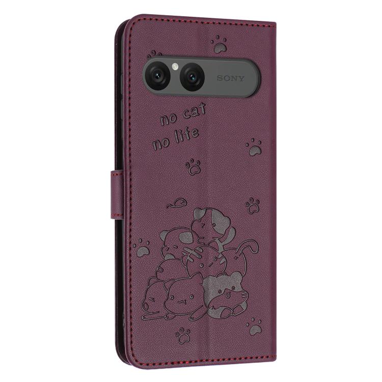 For Sony Xperia 10 VII Embossed Kitten Phone Leather Case with Lanyard