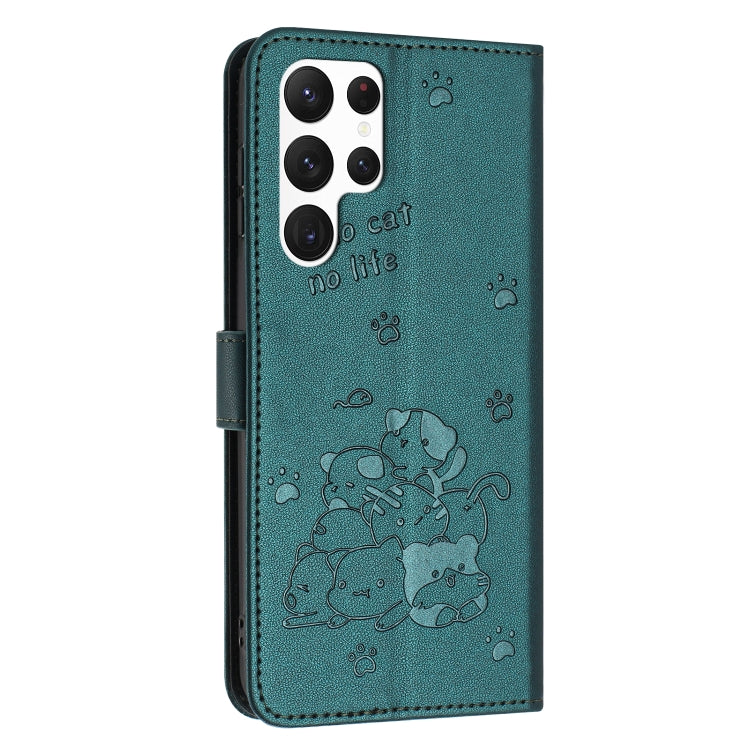 For Samsung Galaxy S24 Ultra 5G Embossed Kitten Phone Leather Case with Lanyard