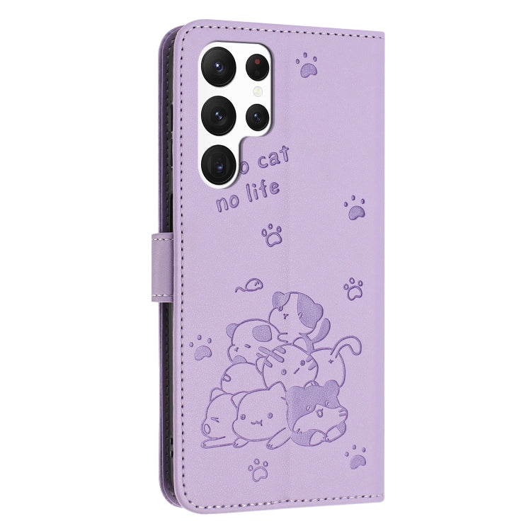 For Samsung Galaxy S23 Ultra 5G Embossed Kitten Phone Leather Case with Lanyard
