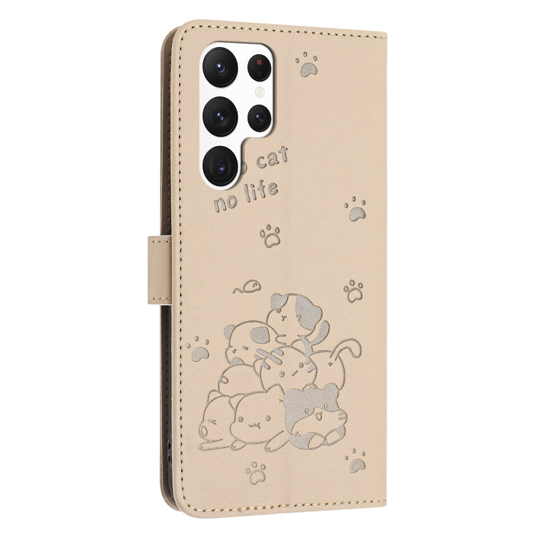 For Samsung Galaxy S23 Ultra 5G Embossed Kitten Phone Leather Case with Lanyard