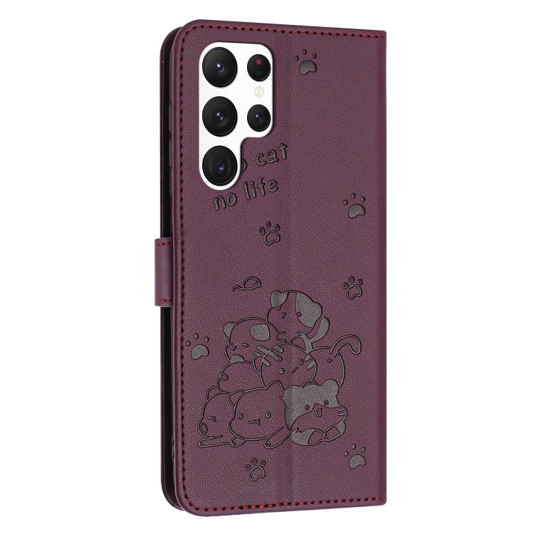 For Samsung Galaxy S23 Ultra 5G Embossed Kitten Phone Leather Case with Lanyard