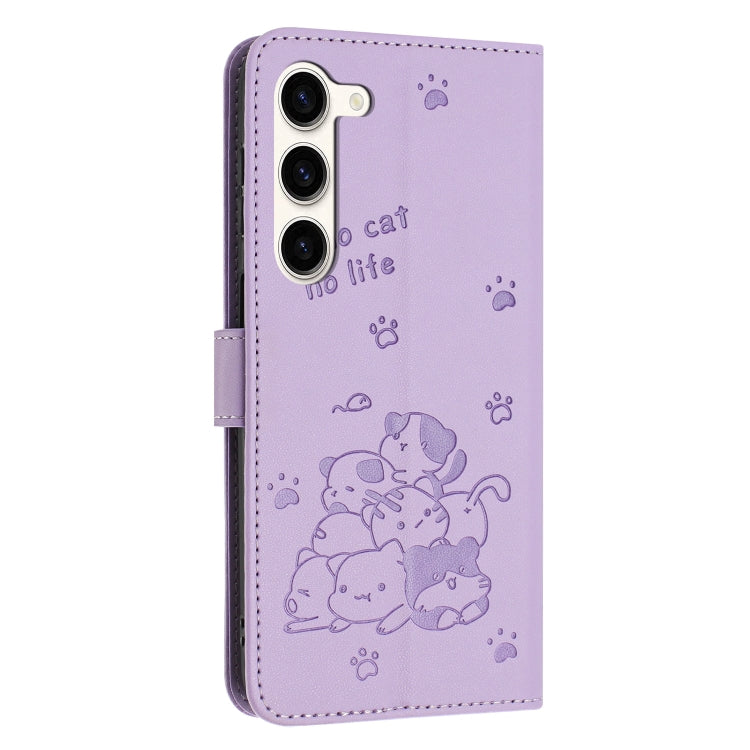 For Samsung Galaxy S23+ 5G Embossed Kitten Phone Leather Case with Lanyard