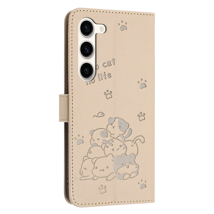 For Samsung Galaxy S23+ 5G Embossed Kitten Phone Leather Case with Lanyard