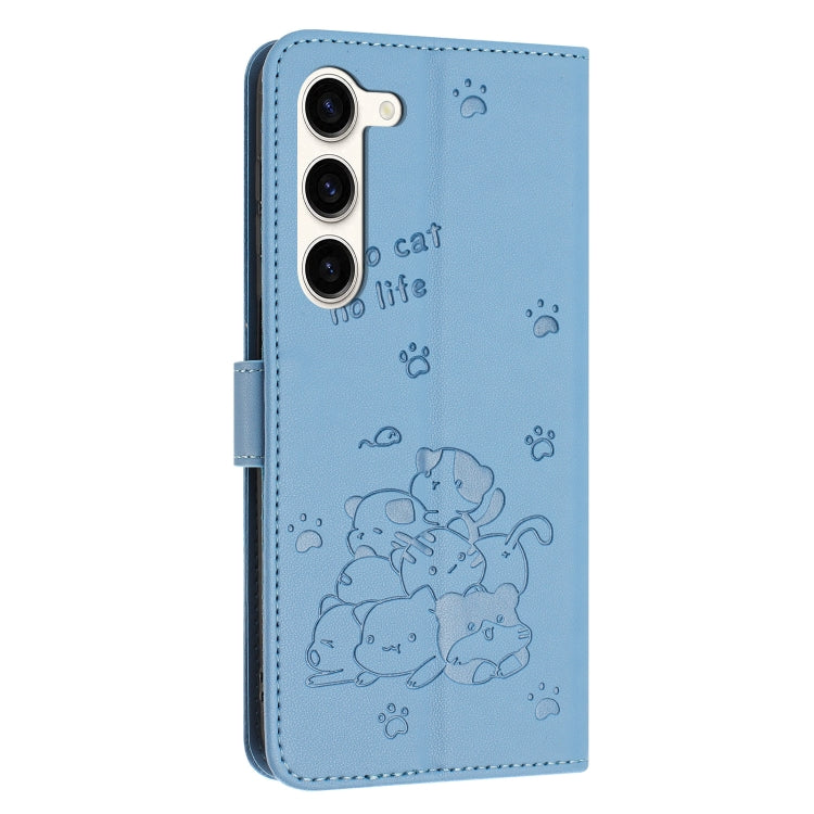 For Samsung Galaxy S23+ 5G Embossed Kitten Phone Leather Case with Lanyard