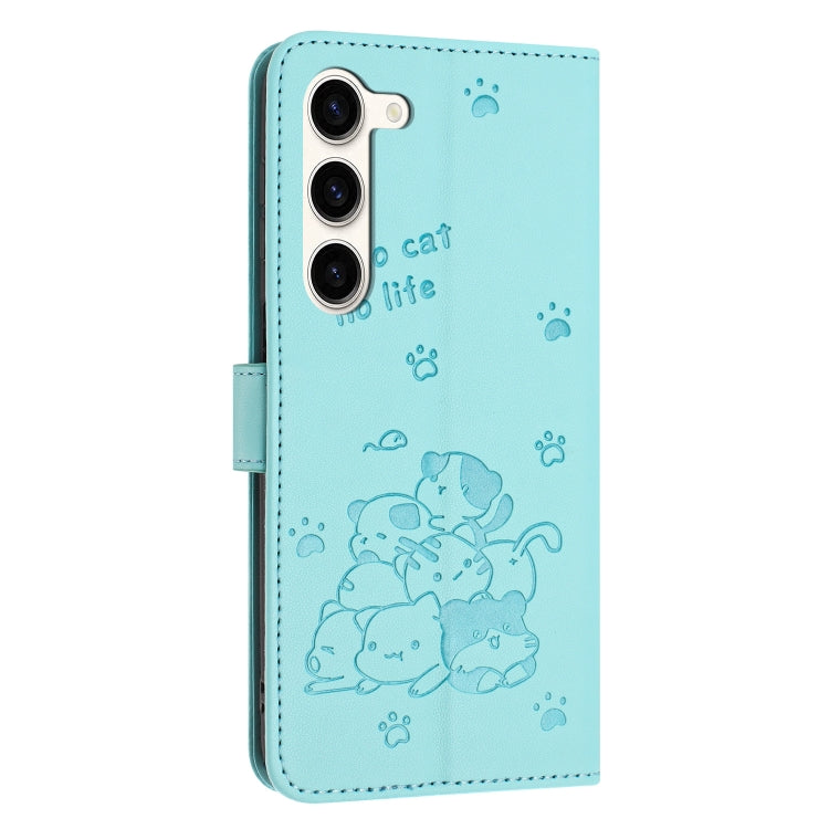 For Samsung Galaxy S23+ 5G Embossed Kitten Phone Leather Case with Lanyard