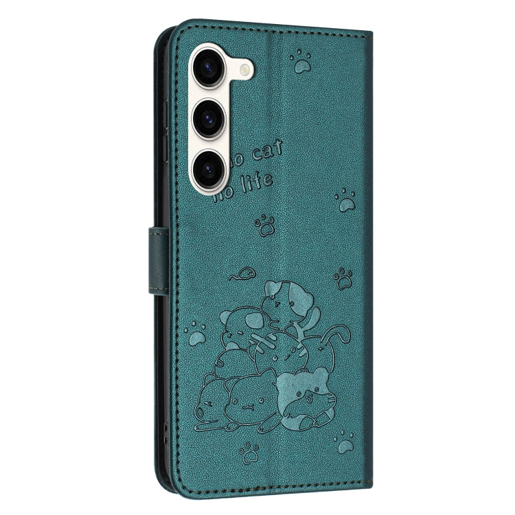 For Samsung Galaxy S23+ 5G Embossed Kitten Phone Leather Case with Lanyard