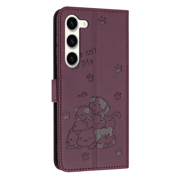 For Samsung Galaxy S23+ 5G Embossed Kitten Phone Leather Case with Lanyard