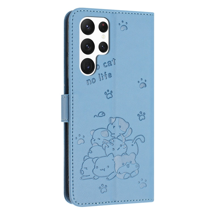 For Samsung Galaxy S22 Ultra 5G Embossed Kitten Phone Leather Case with Lanyard