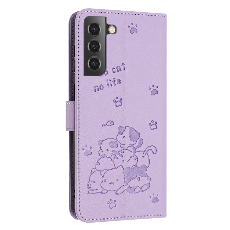 For Samsung Galaxy S22 5G Embossed Kitten Phone Leather Case with Lanyard