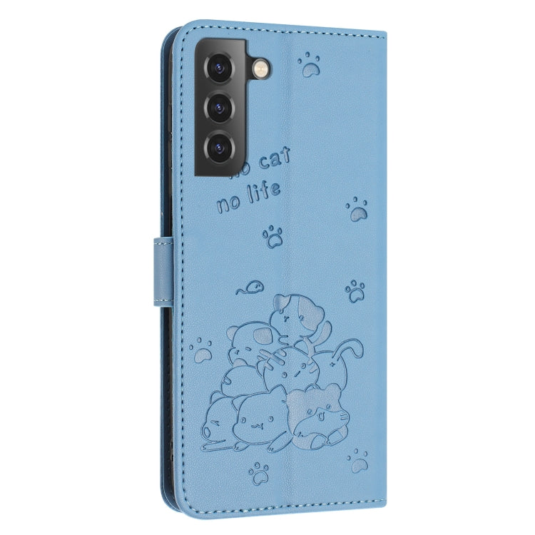 For Samsung Galaxy S22 5G Embossed Kitten Phone Leather Case with Lanyard