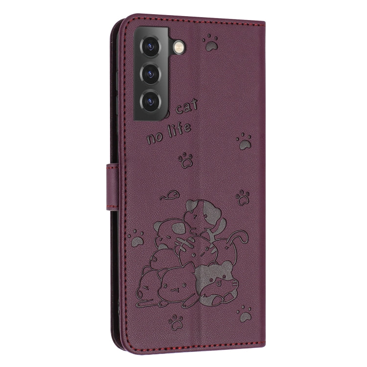 For Samsung Galaxy S22 5G Embossed Kitten Phone Leather Case with Lanyard