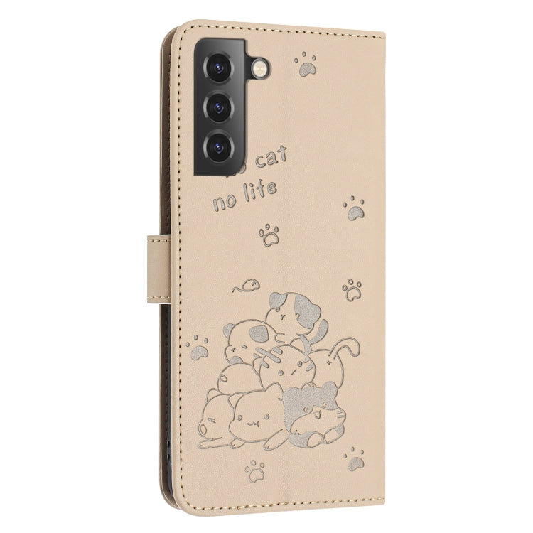 For Samsung Galaxy S21 FE 5G Embossed Kitten Phone Leather Case with Lanyard
